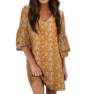 V Neck Ruffle 3/4 Length Sleeve Mustard Yellow Floral Mini Dress Size Medium NWT